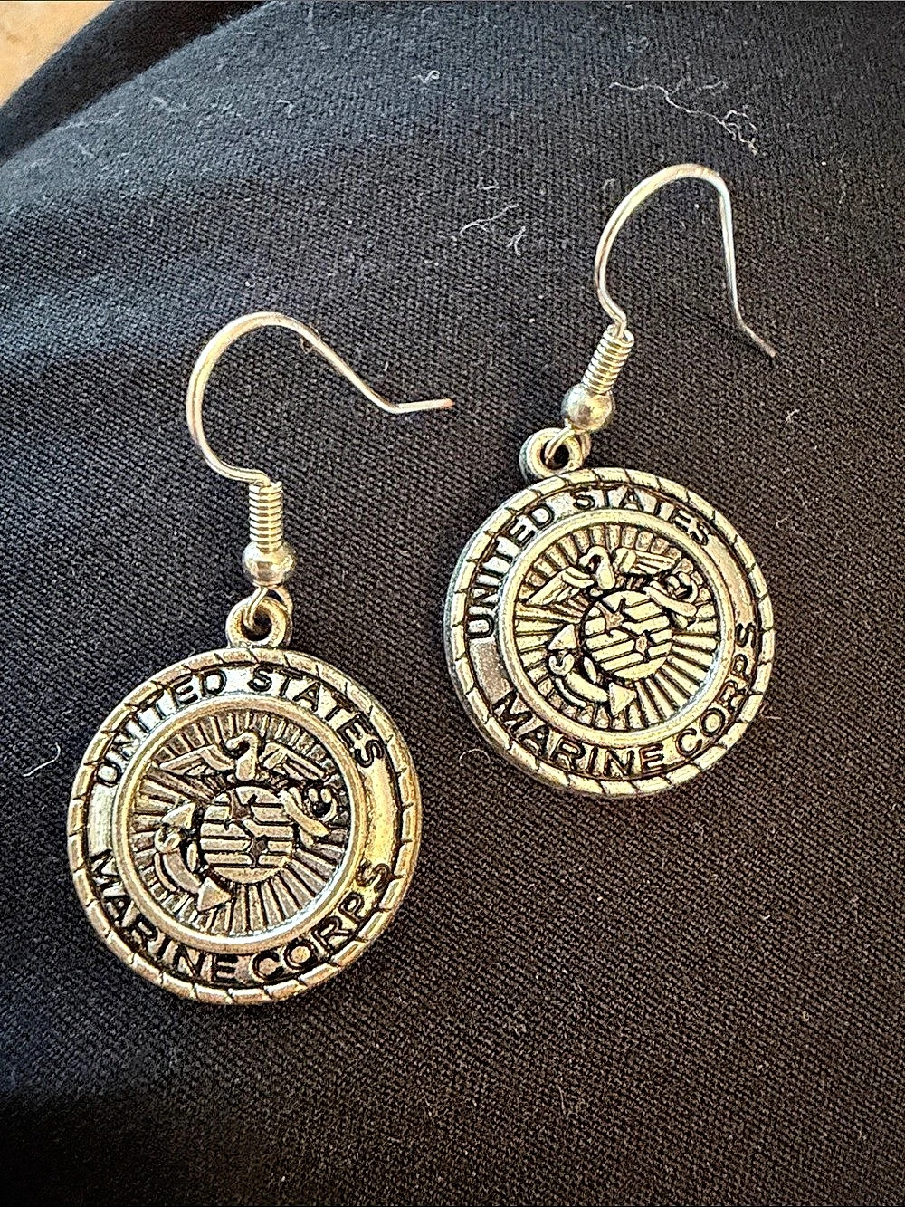 USMC Silver Tone Coin Dangle Earrings